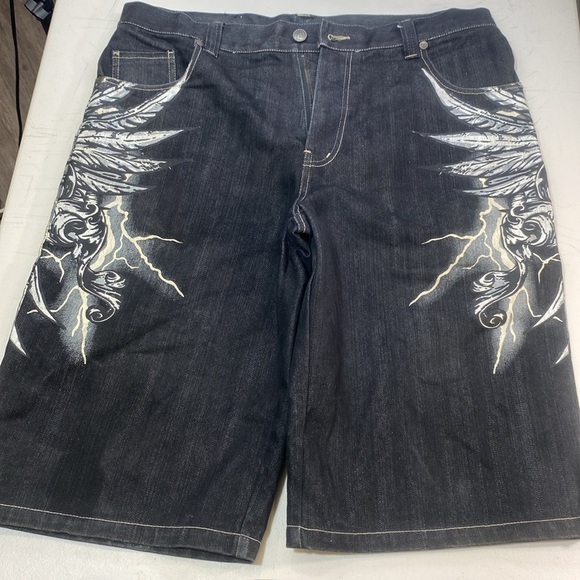Y2K Baggy JNCO Style Graphic Denim Shorts Lightning Fleur-de-Lis Bling Detail - Picture 15 of 16